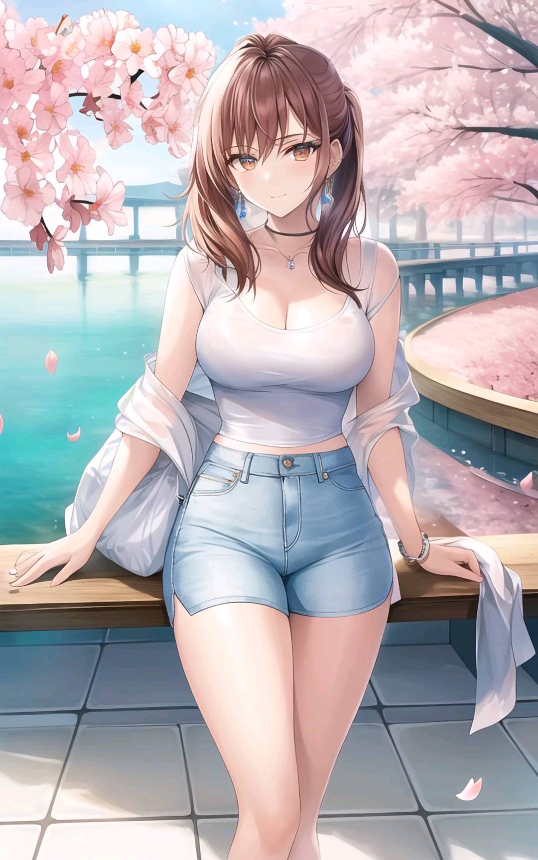 桃花下二次元热裤牛仔裤美女
